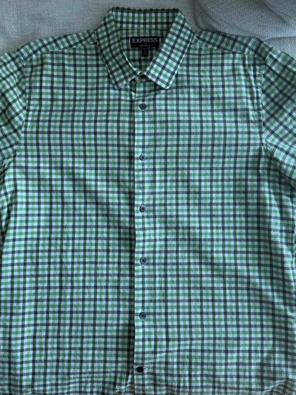 Express Men’s Green and White Plaid Button-Down Shirt